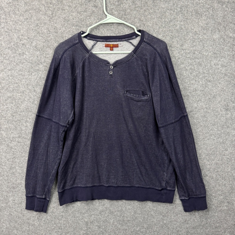 7 For All Mankind Mens Henley Shirt Navy Blue Ribbed Cotton Large